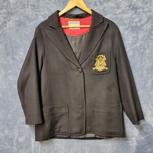 Mondi Blazer Jacket Womens Black Wool Embroidered Crest Button Front